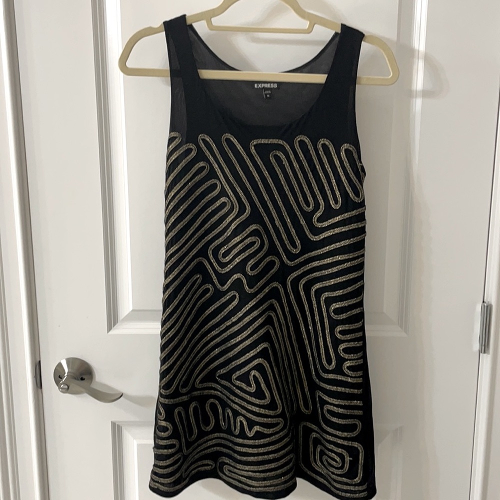 Express, black party dress with gold-thread design, size M